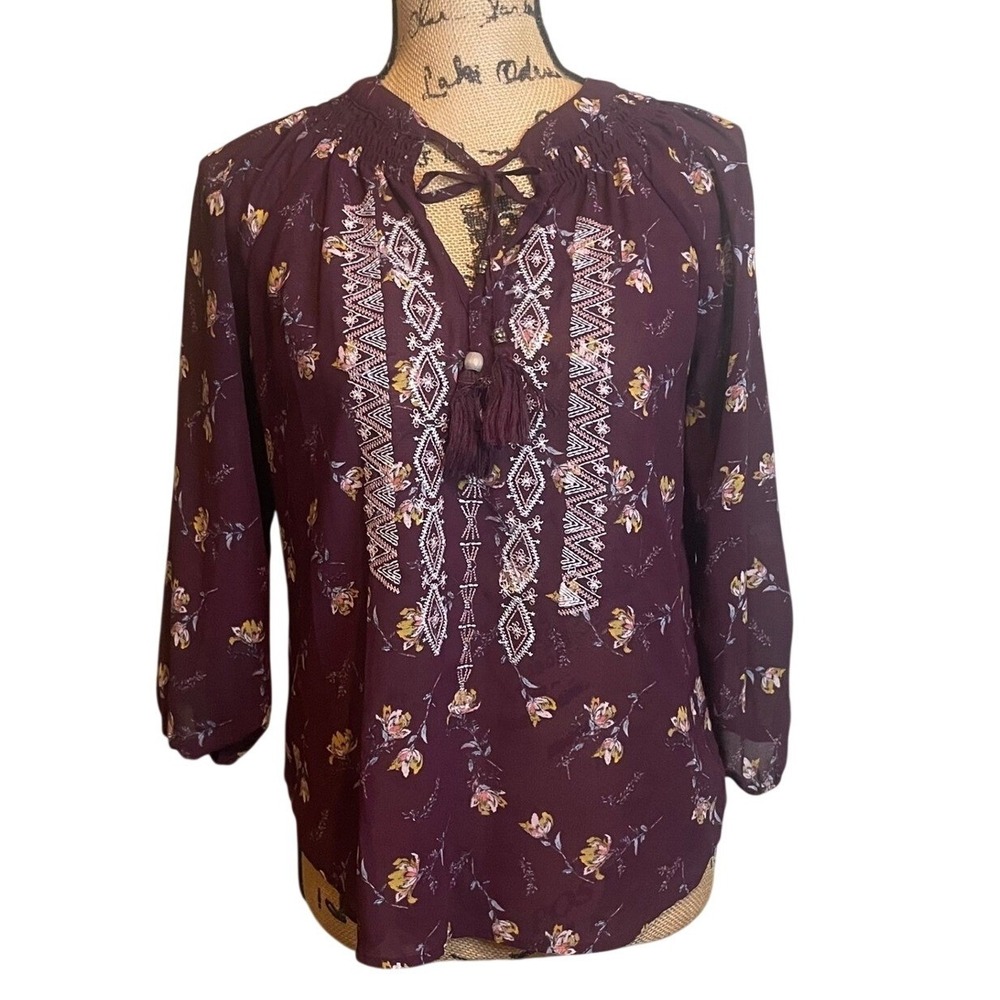 Jolt‎ Womens Casual  Embroidered Floral Boho Peasant Rustic Blouse Purple Medium